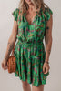 Green Floral Tie Split Neck Frilly Ruffle Trim Tiered Short Dress