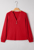 Racing Red Solid Color Button V Neck Long Sleeve Top