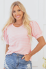 Pink Stripe Textured Puff Sleeve Crewneck Top