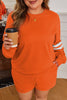 Orange Plus Size Varsity Striped Drop Shoulder Pullover Drawstring Elastic Waistband Short Set