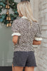 Black Leopard Print Striped Ruffled Color Block Trim V Neck Short Sleeve Blouse