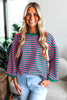 Racing Red Striped Print Drop Shoulder Lace Trim Bracelet Sleeve Loose Top
