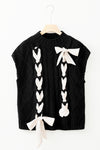 Black Cable Knit Colorblock Satin Bowknot Short Sleeve Sweater