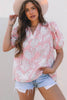Pink Floral Print Drawstring V Neck Puff Sleeve Loose Blouse