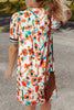 Orange Contrast Trim Floral Split Neck Puff Short Sleeve Tiered Mini Dress