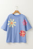 Sky Blue Flower Patched Exposed Stitching Trim Crew Neck Loose Tee