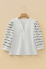 White Button Placket 3/4 Striped Sleeve Patchwork Rib Knit Top