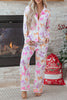 Pink Striped Bow Print Contrast Piping Trim Shirt and Pants 2pcs Pajama Set