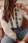 White Floral Embroidered Frilled V Neck Puff Sleeve Blouse