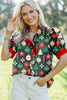 Green Christmas Fashion Print Contrast Trim Frilled Neck Short Sleeve Blouse