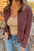 Coffee Corduroy Collar Zipped Front Denim Jacket