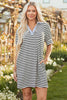 Black Stripe Contrast V Neck Collared Puff Sleeve T Shirt Mini Dress with Pockets