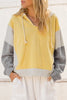 Yellow Stripe Color Block Drawstring V Neck Loose Fit Hooded Top