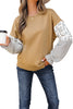 Camel Floral Striped Patchwork Ruffled Sleeve Crew Neck Sweatshirt