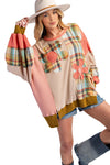 Multicolour Waffle Knit Plaid Patchwork Side Slits Loose Sweatshirt