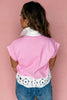 Pink Hollow-out Floral Contrast Patchwork Short Sleeve Button Up Shirt