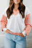 Orange Stripe V Neck Drop Shoulder Patchwork Long Sleeve Top