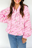 Pink Floral Print Half Zip Kangaroo Pouch Drawstring Hoodie