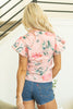 Pink Floral Print Frilled V Neck Pleated Sleeve Blouse