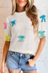 White Colorful Bow Knit Mock Neck Short Sleeve Sweater