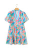 Multicolour Floral Print Contrast Scallop Striped Trim V Neck Dress