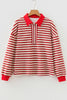 Racing Red Striped Print Contrast Collar Zip V Neck Long Sleeve Top