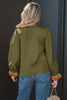 Four Leaf Clover Striped Trim Ruffle Split Neck Long Sleeve Blouse