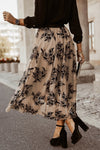 Peach Blossom Floral Leaves Embroidered High Waist Maxi Skirt