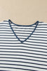 Blue Stripe V Neck Ruffle Contrast Sleeve Top Drawstring Pants 2pcs Set