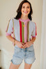 Multicolour Striped Pointelle Knit Short Sleeve Sweater