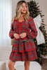 Red Plaid Print Ricrac Tiered Bubble Sleeve Mini Dress