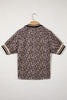 Brown Leopard Print Half Zip Striped Trim Patchwork Short Sleeve Top