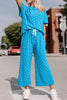 Blue Leopard Jacquard Short Sleeve Top and Wide Leg Pants Set