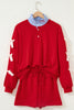 Racing Red Striped Collar Patchwork Satin Bow Sweatshirt and Shorts Set