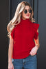 Tomato Red Cable Knit Turtleneck Ruffled Short Sleeve Sweater
