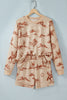 Beige Western Print Loose Fit Long Sleeve Top Short Set