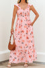 Pink Floral V Neck Smocked High Waist Ruffle Hem Long Dress
