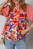 Red Paisley Geometric Mixed Print Patchwork Puff Sleeve Blouse Top
