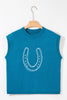 Light Blue Horse Shoe Embroidered Loose Short Sleeve Sweater