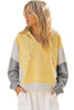 Yellow Stripe Color Block Drawstring V Neck Loose Fit Hooded Top