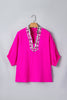 Rose Red Dolman Half Sleeve Leopard Patchwork Trim V Neck Blouse