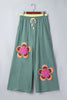 Sky Blue Color Block Flower Patchwork Drawstring Contrasted Elastic Waist Wide Leg Pants