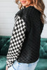 Black Plaid Textured Contrast Checkered Patchwork Long Sleeve Top