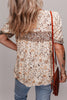 Khaki Boho Floral Print Half Placket Short Sleeve Loose Blouse
