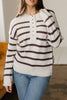 Brown Stripe Ribbed Henley Drop Shoulder Slouchy Sweater