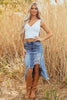 Myosotis Irregular Distressed Bottom Denim Midi Skirt