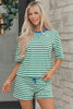 Green Stripe Drop Shoulder Boxy Casual Terry Short Set