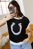 Black Horse Shoe Pattern Contrast Trim Short Sleeve Sweater