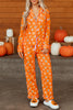 Orange Halloween Print Lapel Shirt Long 2pcs Pajama Set