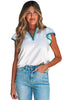 Beau Blue Color Contrast Ruffled Sleeve Collared V Neck Blouse